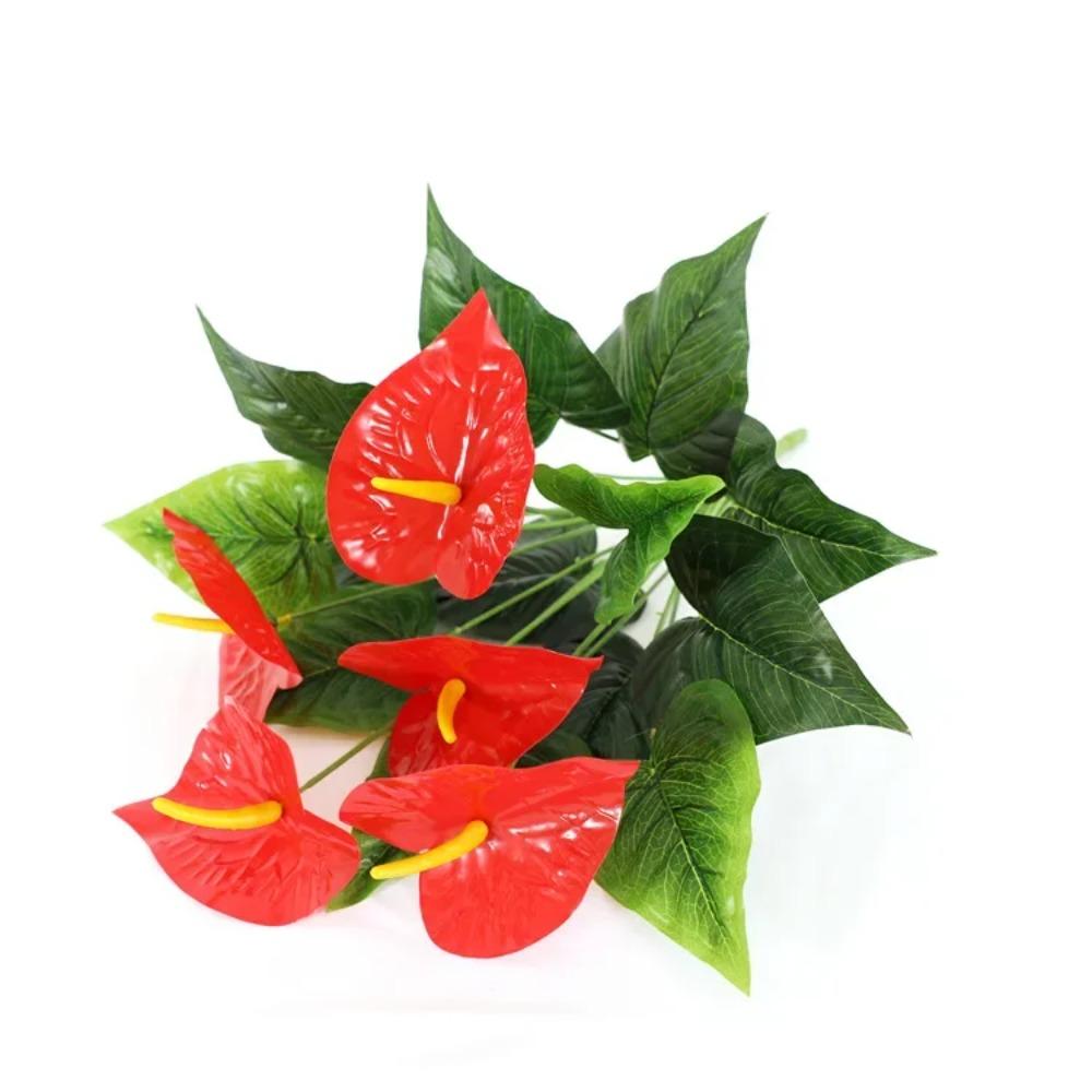

18 веток/отростков Красный Антуриум Над Клеем Симуляция Зеленые Растения Гостиная Балкон Торговый Центр Декорация Искусственные Цветы Украшения