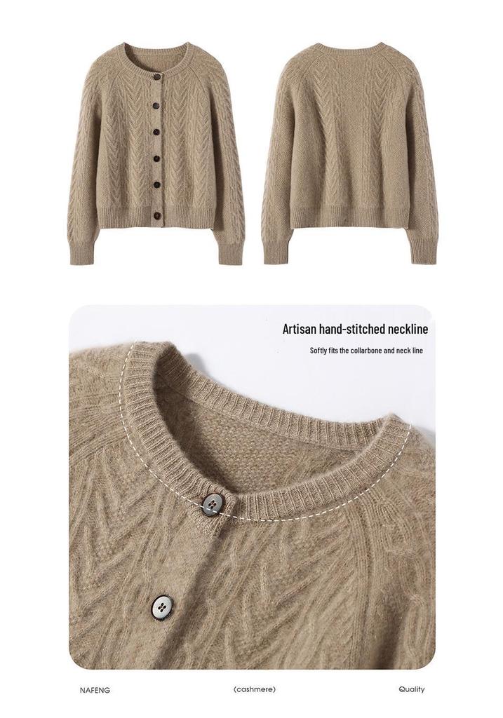 2025 Women's Baby Cashmere Cable Knit Cardigan: Loose, Thick, Versatile Sweater with Round Neck for Autumn/Winter