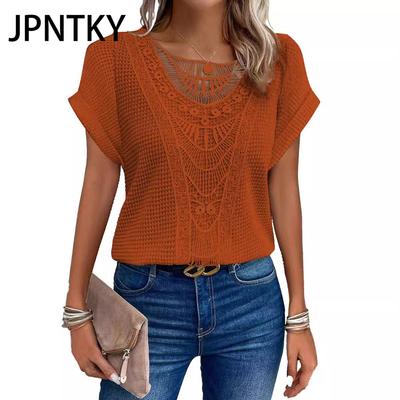 JPNTKY Women's Fashion Casual Summer Solid Color Print Short Sleeve O-Neck Blouses & Shirts
