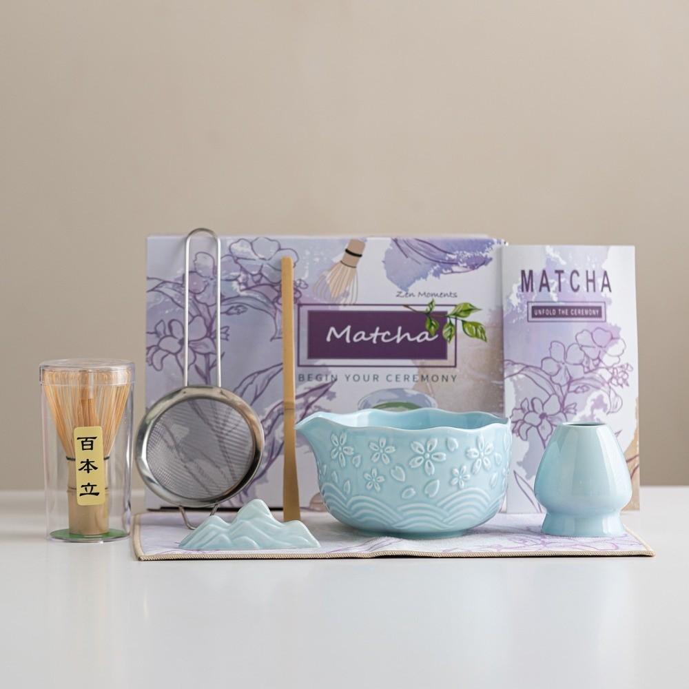 2/4/7 Pcs New Ceramic Matcha Bowl Flower Sakura Matcha Whisk Holder Reusable with Pouring Spout Matcha Making Kit Tea Lovers