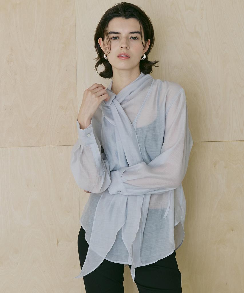 Baillie Draped Scarf Sheer Blouse (Blue)
