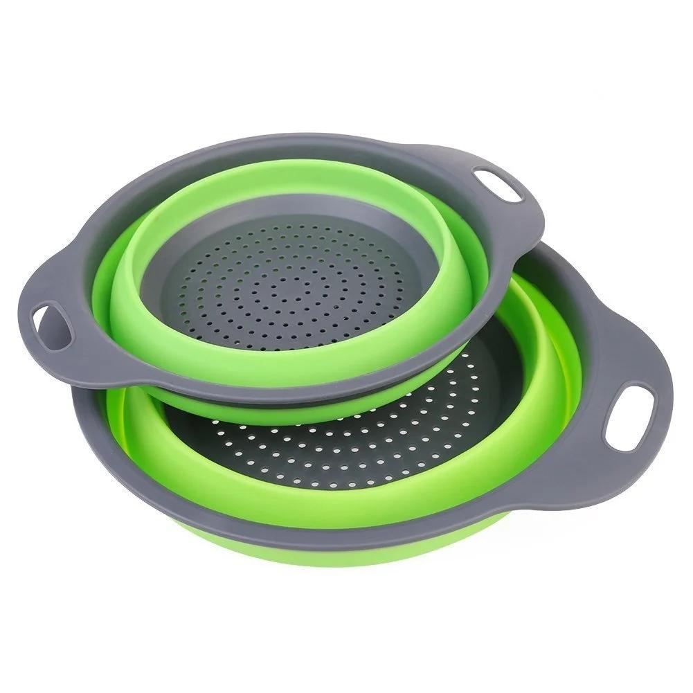

2 Pcs Foldable Silicone Colander Fruit Vegetable Washing Basket Strainer Strainer Collapsible Drainer With Handle Kitchen Tools зелений