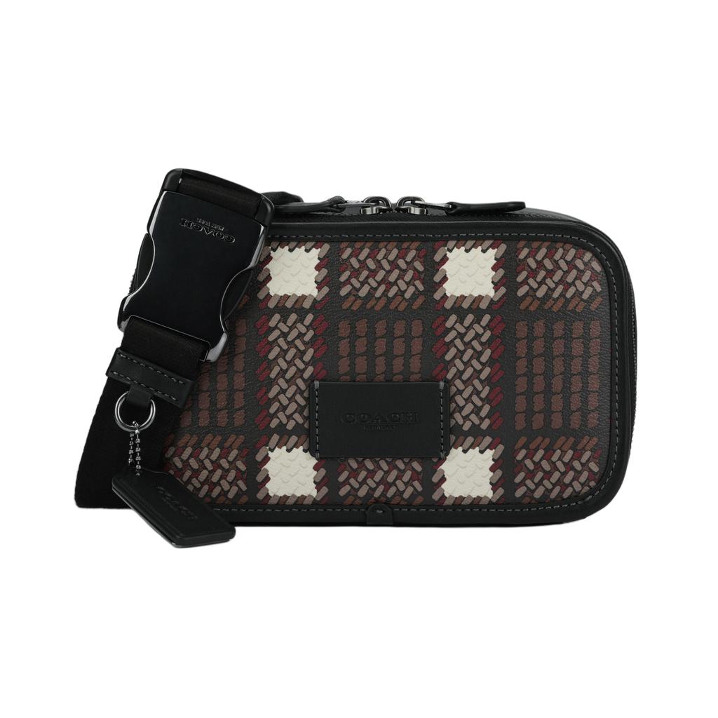 Coach Wyatt 20 Plaid Print Card Slot Zipper Closure Canvas And Leather Crossbody Bag Small Unisex crossbody bag Bronze Black CN405-QBM2