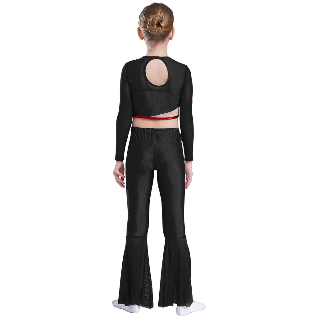 Girls Metallic Sequin Dance Set Long Sleeve Crop Top Paired with Sheer Mesh Bell Bottom Pants Performance Outfit