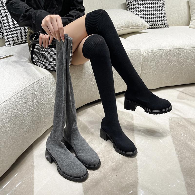 Fashion Sexy High Sock Boots Women Winter New Fashion Over The Knee Warm Botas Mujer Suede Lace Up Pumps Shoes High Heels Boots