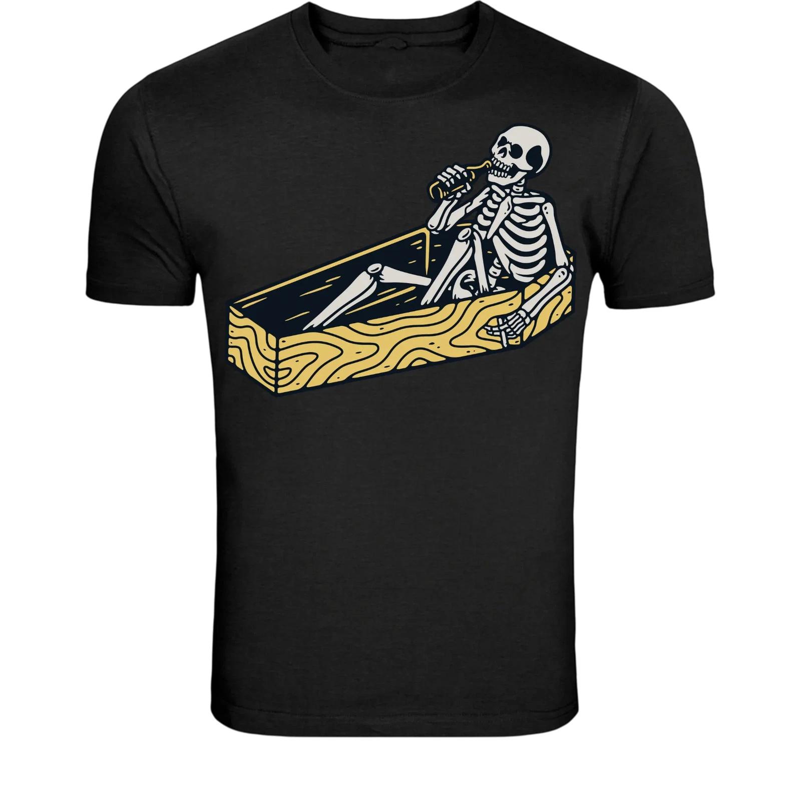 Drinking Skeleton In Coffin T-Shirt - Dark Humor Graphic Tee XXXL