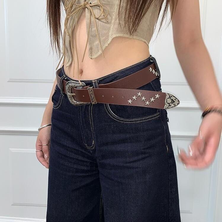 Vintage Y2k Star Rivet Pu Leather Belt With Alloy Buckle For Daily Wear