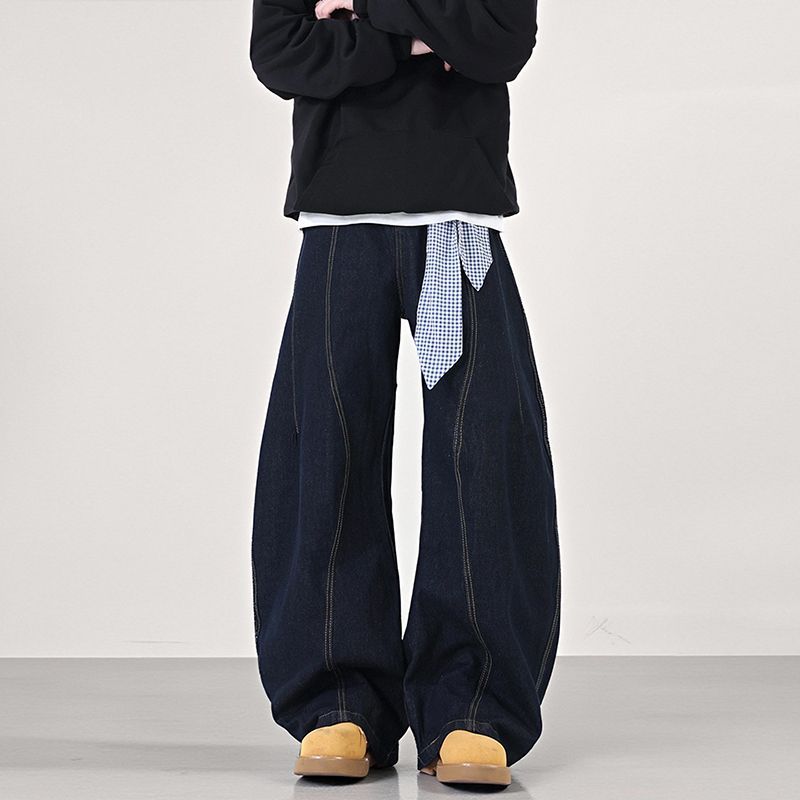 American Retro Washing Scimitar Jeans Men and Women Loose Design Square Scarf Wide-leg Casual Trousers
