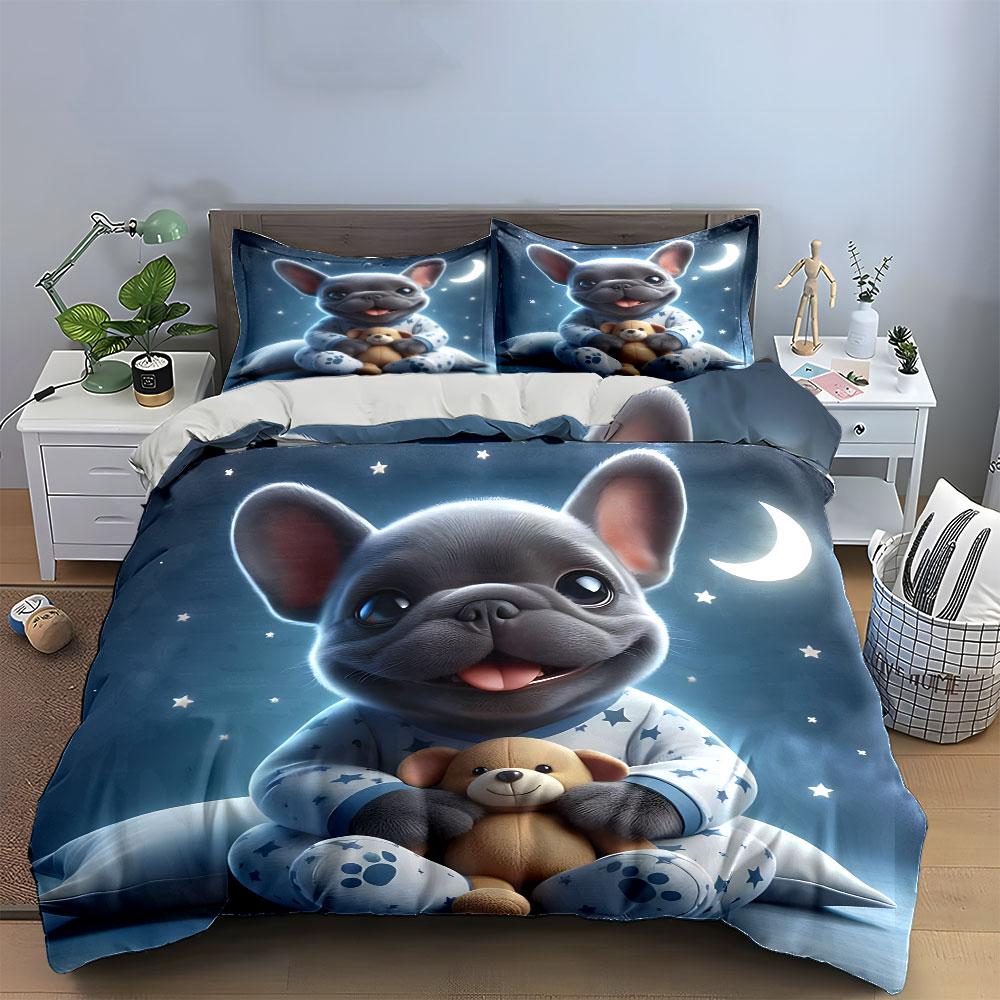Cute Dog In Pajamas At Night Bedding Duvet Cover Set (1*Duvet Cover 2*Pillowcases, Without Duvet Insert)