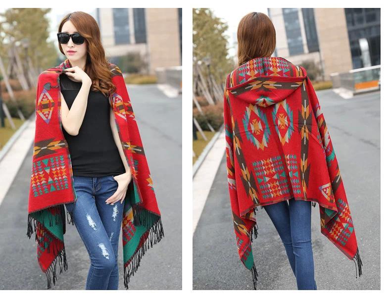 Bohemian Ethnic Toggle Hooded Cape Shawl - Thick Warm Imitation Cashmere for Women