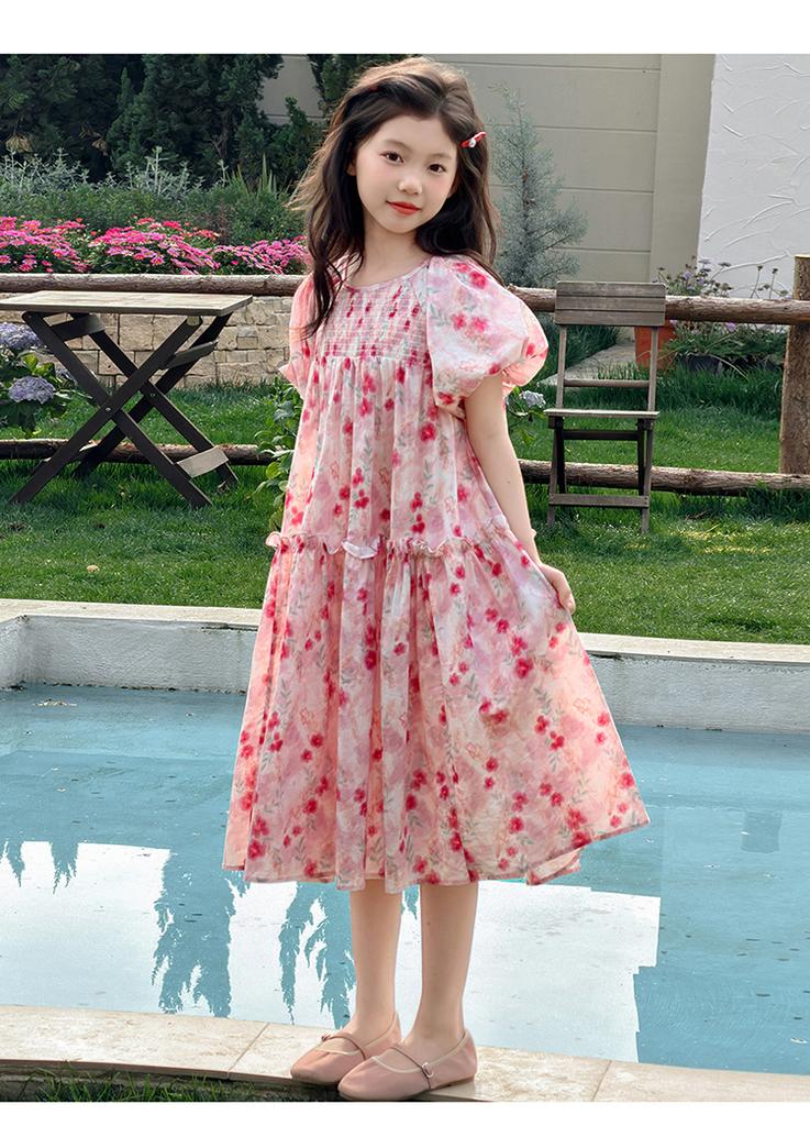 Girls' dress summer 2026 new item beautiful floral bubble sleeves princess dress summer dress children's dress