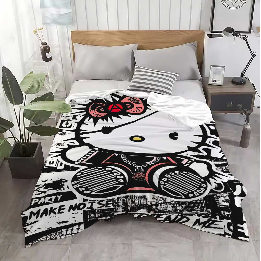 Kawaii Cat Hellos Warm Blanket Throw Furry Winter Blankets for Adults Microfiber Bedding Home Interior Fluffy Plaid Sofa Knee &