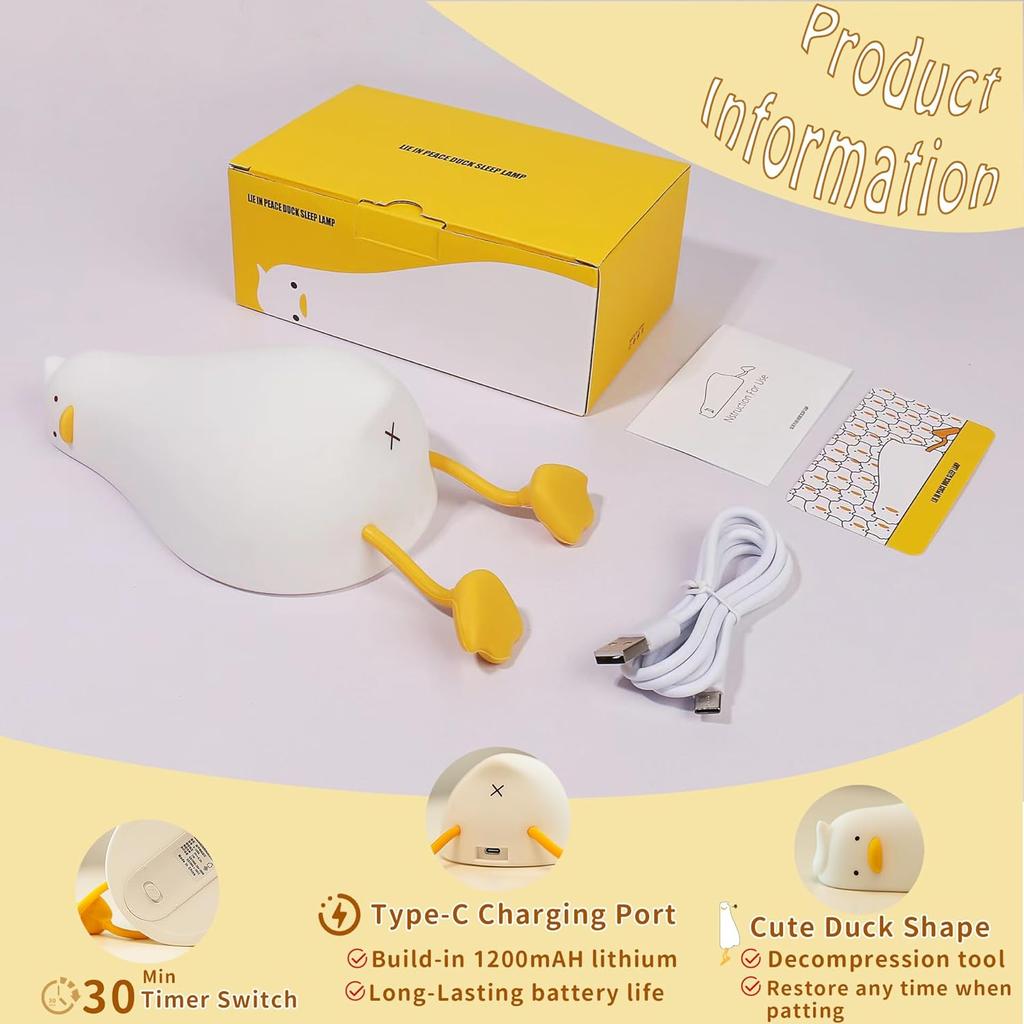 Lying Flat Duck Night Light, Cute Silicone Light Up Duck, 3 Level Dimmable Nursery Nightlight, LED Duck Lamp, Rechargeable Bedside Touch Lamp for