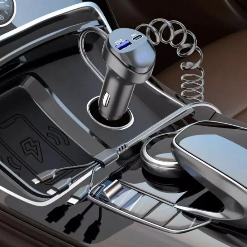 55W 2-Port USB Car Charger with Voltage Display Fast Charging 3.1A Retractable Cable Three-In-One Design for iPhone Samsung