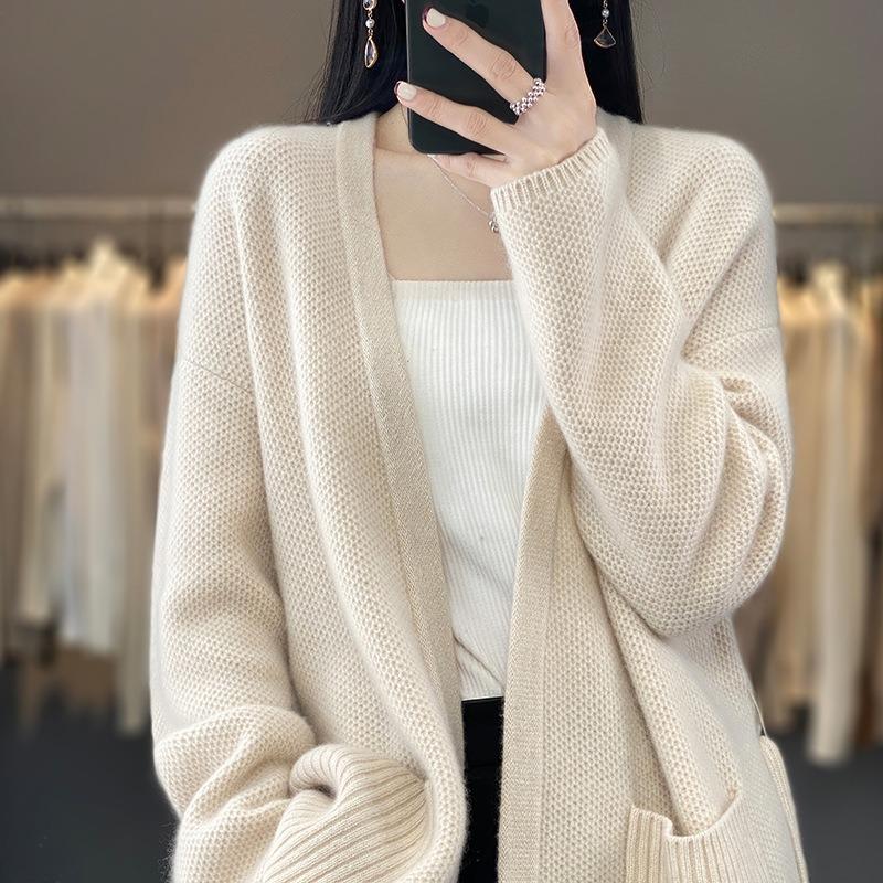 Autumn and winter high-end sweater cardigan jacket women's medium and long buckle-free lace-up loose lazy style versatile knitted jacket