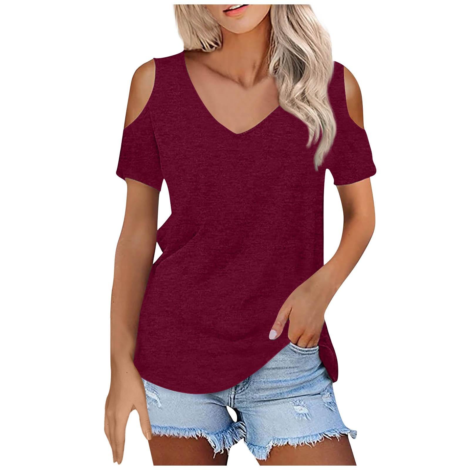 

Женская летняя модная повседневная однотонная футболка без бретелек с v-образным вырезом и коротким рукавом, топ XL красный
