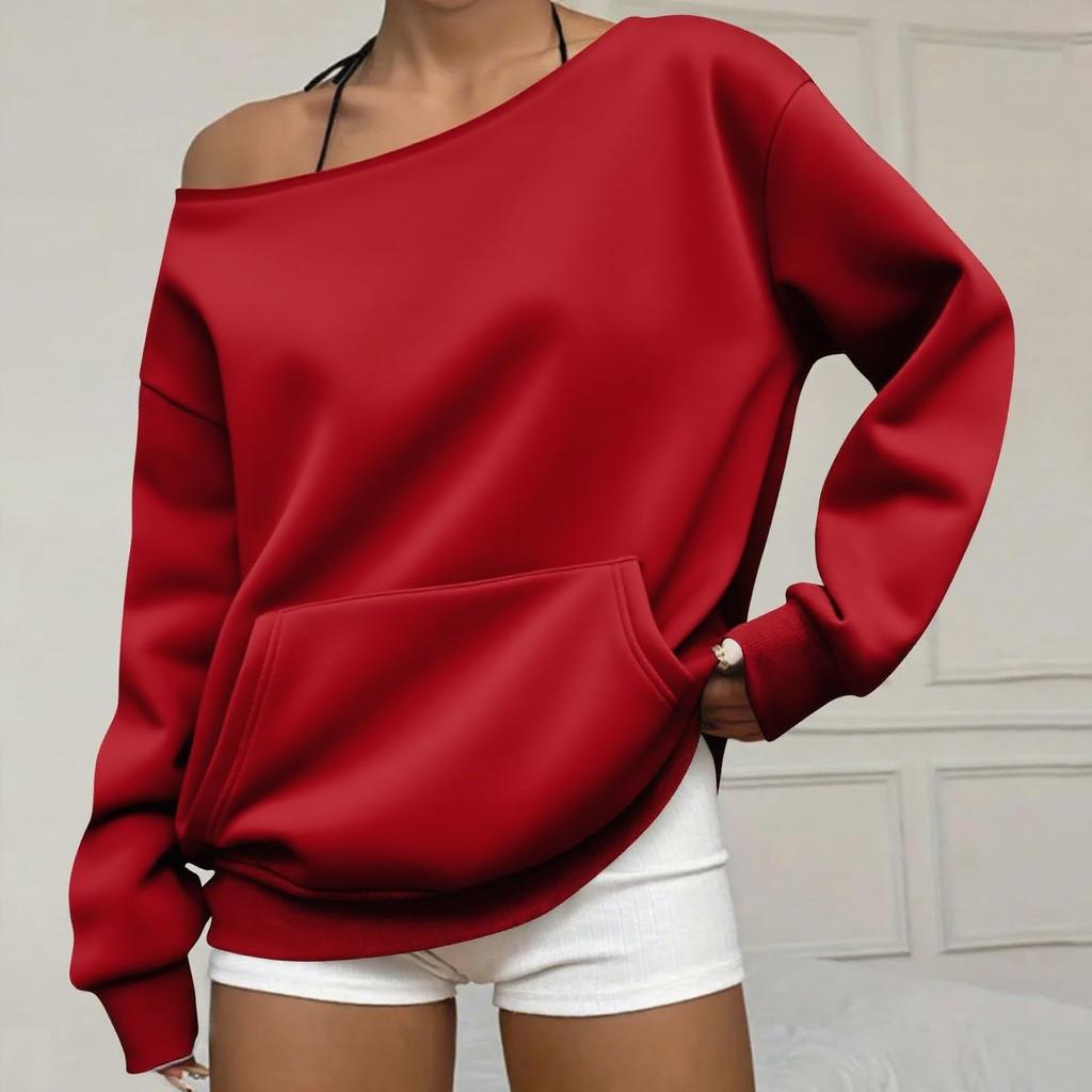Women's Off Shoulder Long Sleeve Sweatshirt Loose Fit Streetwear Pullover Top