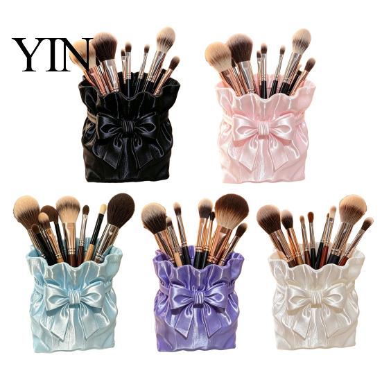 Dressing Table Brush Holder Satin Bow Bag Makeup Holder, 3D Printed Beauty Tool Organizer for Desk, Large Bowknot Pouch Pencil Storage Container