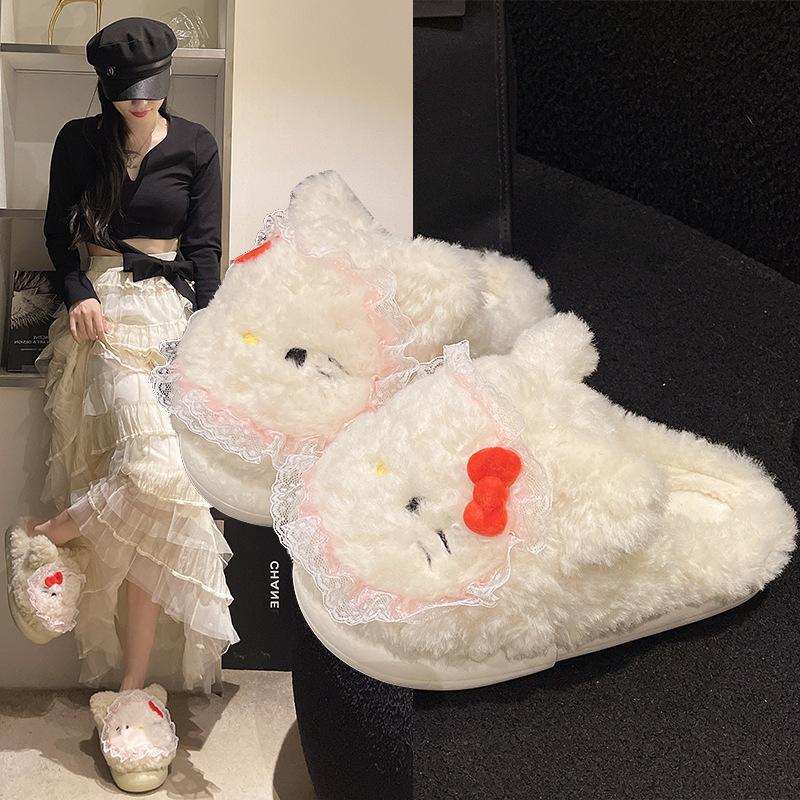 Cute Kitty Fluffy Slippers Women Wear Plush Bag Head Drag 2025 Autumn and Winter New Home Flat Cotton Slippers