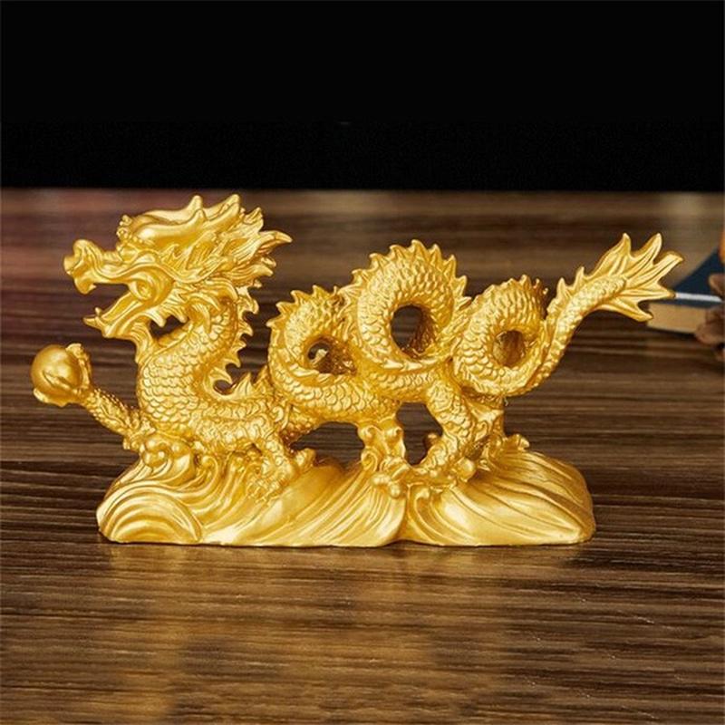 1Pc Traditional Customs Feng Shui Gold Dragon Figurine Chinese Geomancy Statue Bring Luck Wealth Home Decor