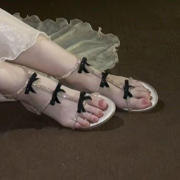 Sparkling Gold Roman Sandals Women's Thick Heel Medium Heel Open-toed Bow 2025 New Beautiful High Heels with Diamonds