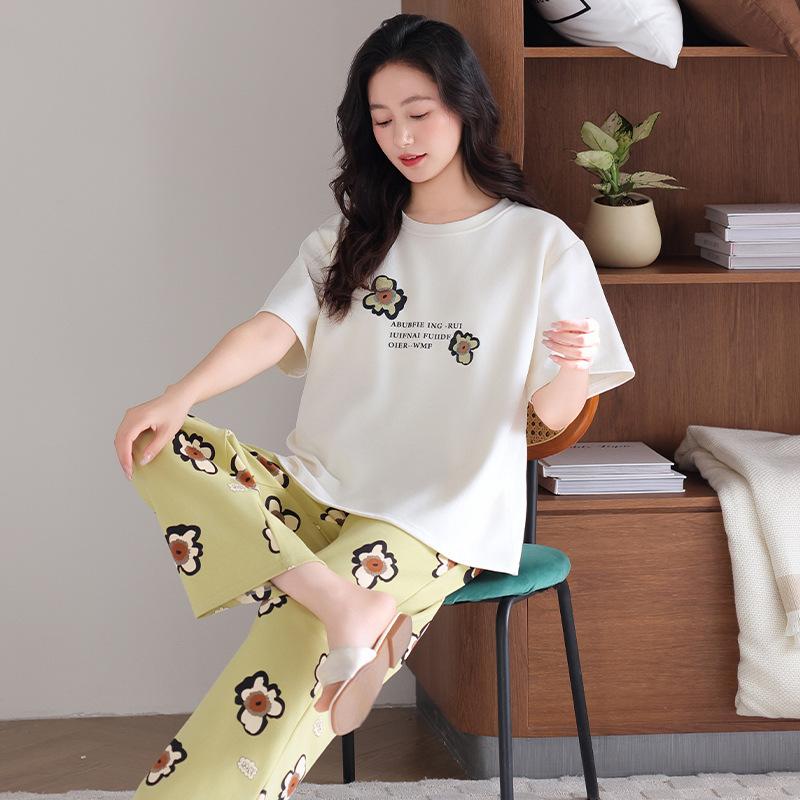 New Pure Cotton Pajamas Women's Spring and Summer Casual Fresh Short-sleeved Trousers Cool Cotton Can Be Worn Outside Loungewear Set