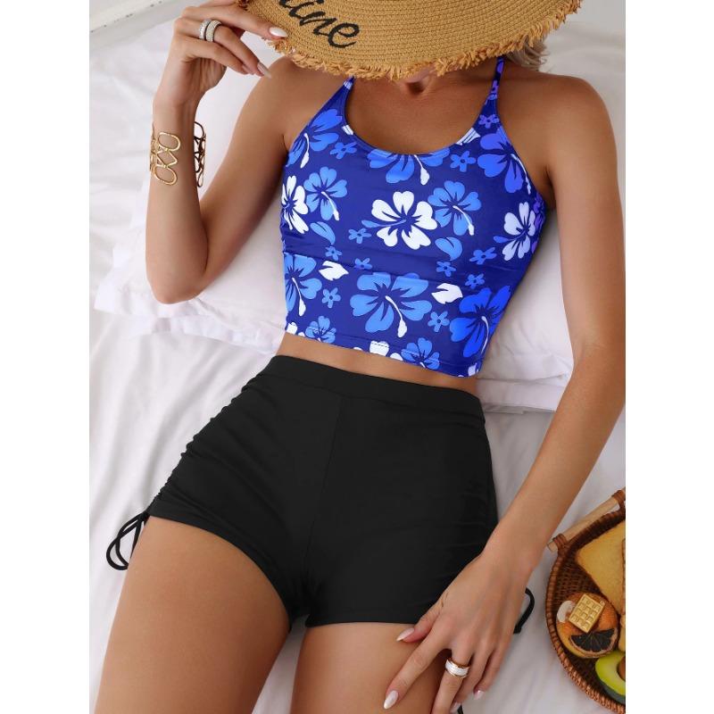 

Комплект танкини с цветочным принтом для девочек, купальник с регулируемыми бретельками, бюстгальтер, женские шорты с цветочным принтом, бикини со шнурком, женский пляжный комплект XL
