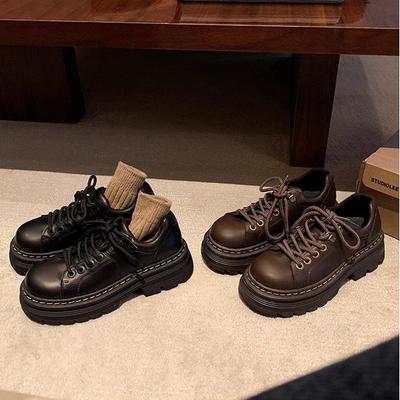 Mãe uva do mesmo estilo, clássico estilo britânico de amarrar bico redondo versátil sapatos únicos salto baixo derby sapatos de couro pequenos couro feminino