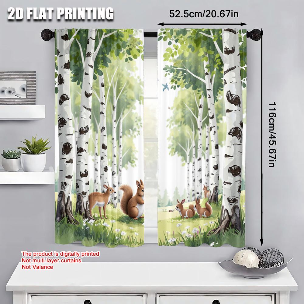 Set Of 2 Flat Printing Scene Curtains Birch Forest Polyester Without Electricity Festive Use Holiday Parties Home Curtain Made