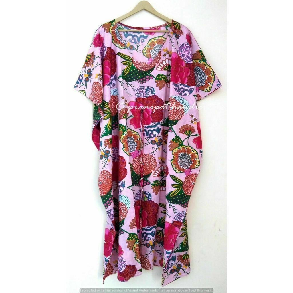 Indian Pink Long Fruit Print Cotton Hippie Maxi Women Nightwear Caftan Dress CKFTN-SCRN-FULL-BUYIT-027