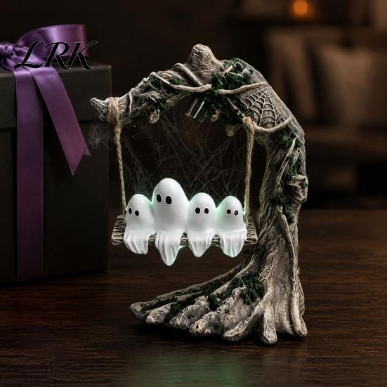 Creative Holiday Gift for Home Glowing Ghost On Swing Resin Yard Decor, Weatherproof Halloween Outdoor Garden Ornament with Gothic Style Ornaments