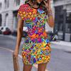 Fashion Womens Loose Geometric Pattern Print O Neck Short Sleeve Loose Streetwear A-line Dress