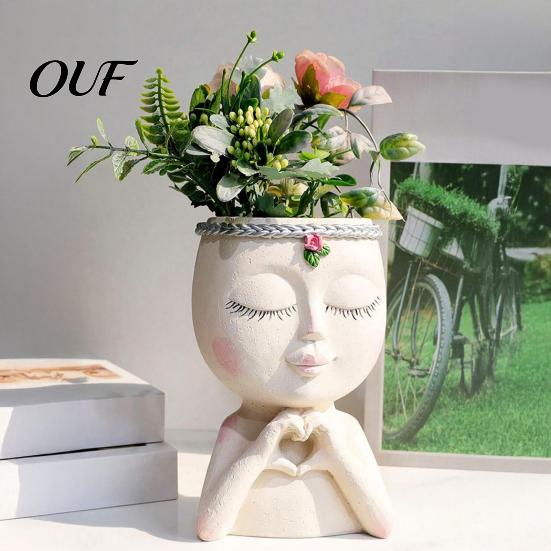 Decorative Girl Statue Vase Face Planter Pot, Cute Resin Head for Succulents Flowers, Flower Succulent Plant Container Unique Indoor Bedroom