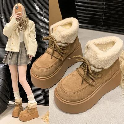 Mode Winter Neueste Schnürung Flauschige Schneestiefel Runde Zehenpartie Echtes Leder Flach Damen Warme Stiefeletten Dicke Sohle Mode Wolle Schnee