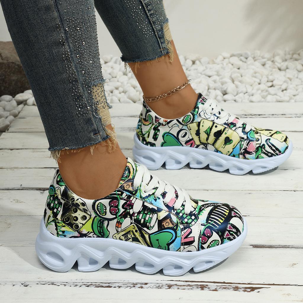 Sneakers Large Size Sneakers Women's Outer Wear Muffin Thicksole Front Lace-Up Low Top Full Graffiti Casual Sneakers