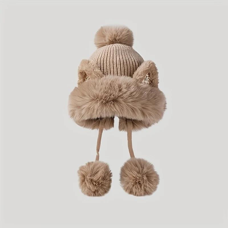 Women's Faux Fur Cat Ear Beanie – Glitter Accents & Plush Pom-Pom Thick Warm Skull Cap with Elastic Cuff Windproof Winter Hat