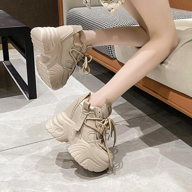 Fashion 2025 New 10.5cm Breathable Leather Shoes  Winter Wedge Heels Casual Women Walking Sneakers Autumn Lace-up High Platform Chunky