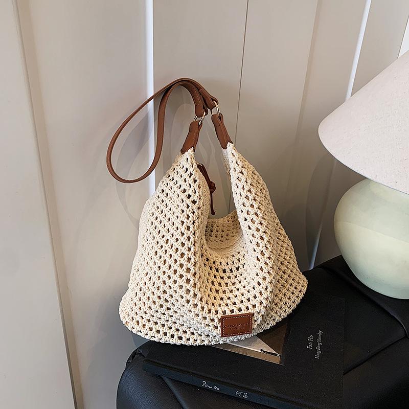 

Повседневная вместительная сумка-сетка женская 2025 новая универсальная на плечо, сумка-мессенджер, летняя сумка-тоут бежевый