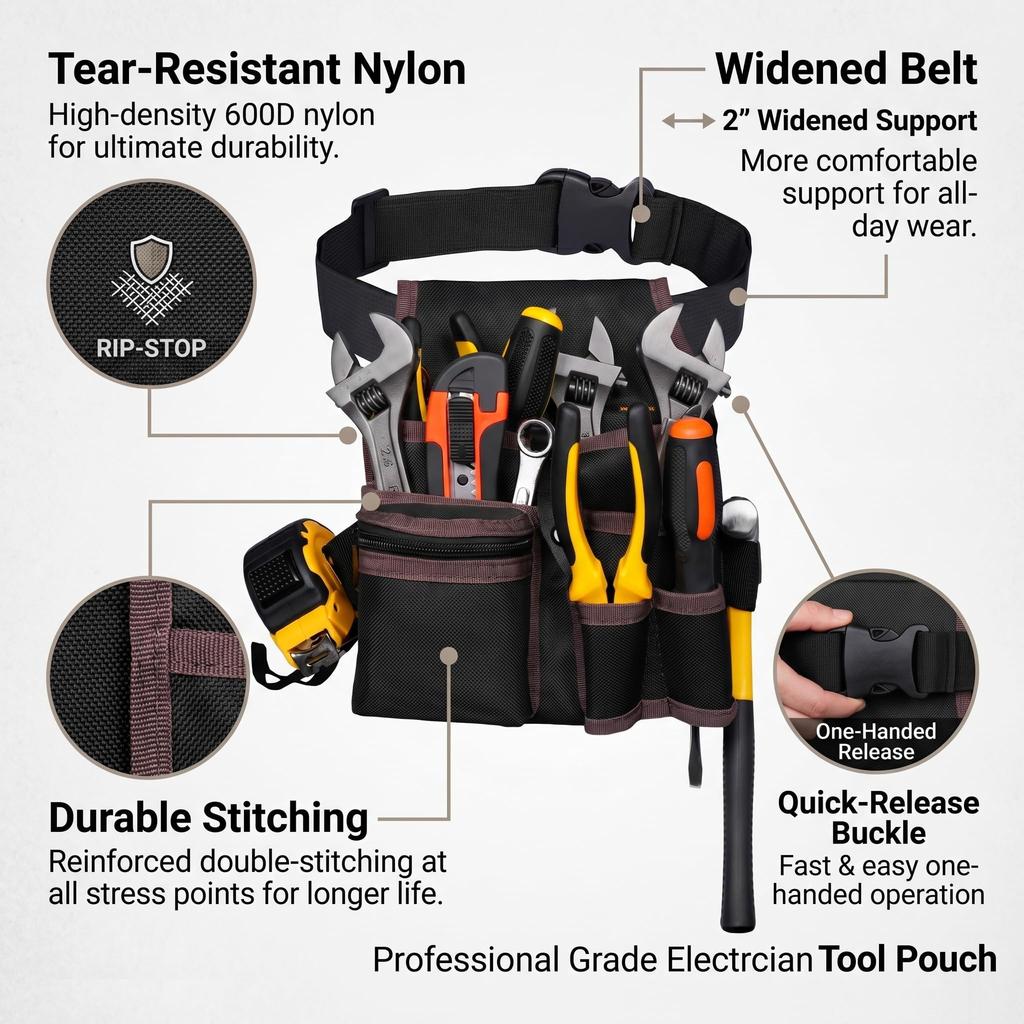 Tools Pouch with Adjustable Belt, Durable Utility Tool Holder for Craftsmen, Electricians, and Handymen, Multiple Tool Slots