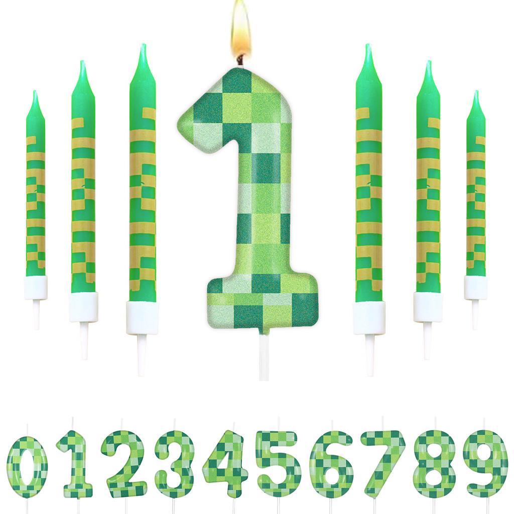 7pcs Green My World Candle Birthday Party Pixel Theme Birthday Party Video Game Party Decoration  0-9 Cake Top Digital Candles