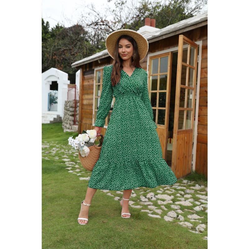 QICED Women's Fashion Spring Autumn Long Sleeve V-Neck Casual Dresses