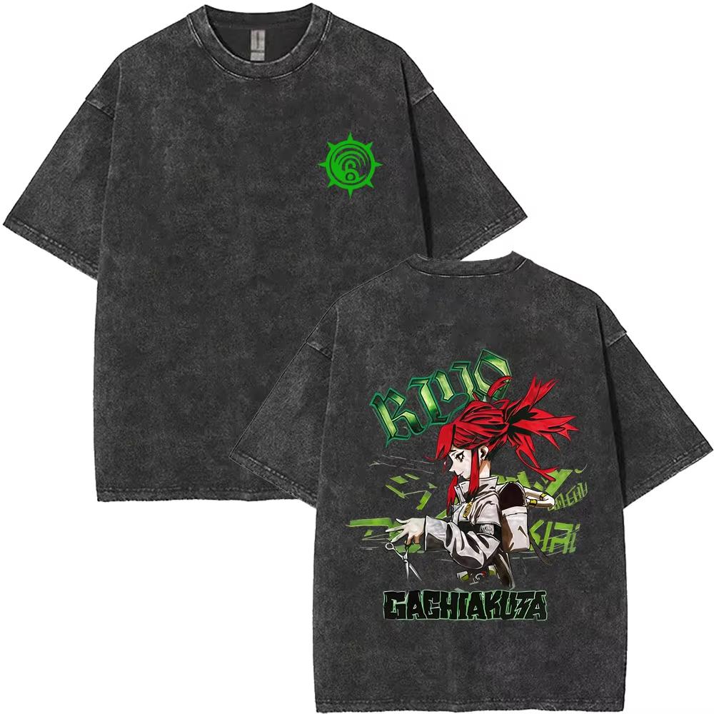 2026 Summer Hot Sale Washed Vintage Anime Gachiakuta Enjin Double Sided Print T Shirts Y2k Men Women Manga Oversized Tshirt
