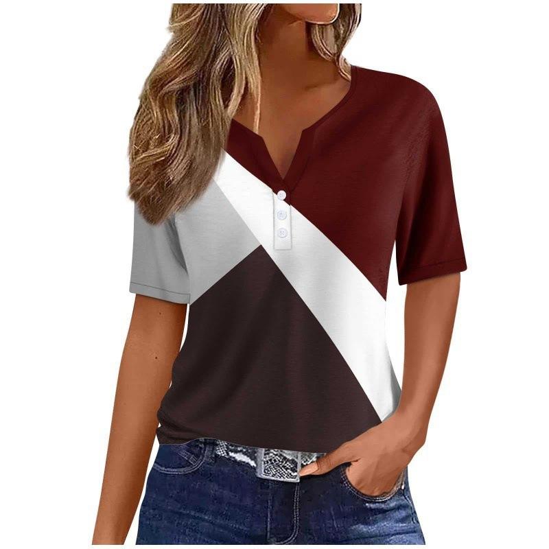 Print Short Sleeve European Style Women Clothing T-Shirt V-Neck