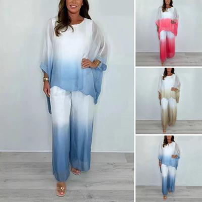 Conjunto de 2 peças de chiffon gradiente de verão para mulheres, tamanho grande, blusa com gola redonda, conjunto de calças de perna larga, roupa de dormir casual