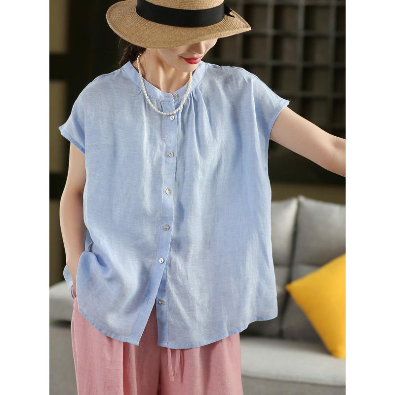 1116 Camicia in Lino Filato Industria Pesante Vintage Femminilità Collo Rialzato Camicia a Maniche Corte Monopetto Top