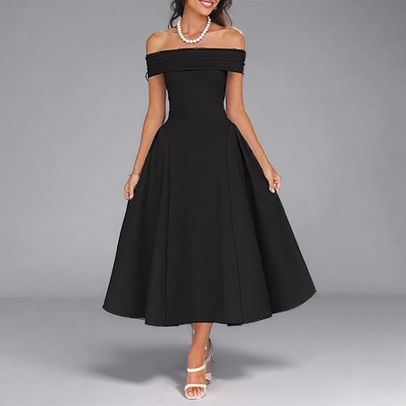 New Warm Season Trendy Women Clothing Elegant Temperament Solid Color Off-shoulder Waist-hugging Fashion Dress