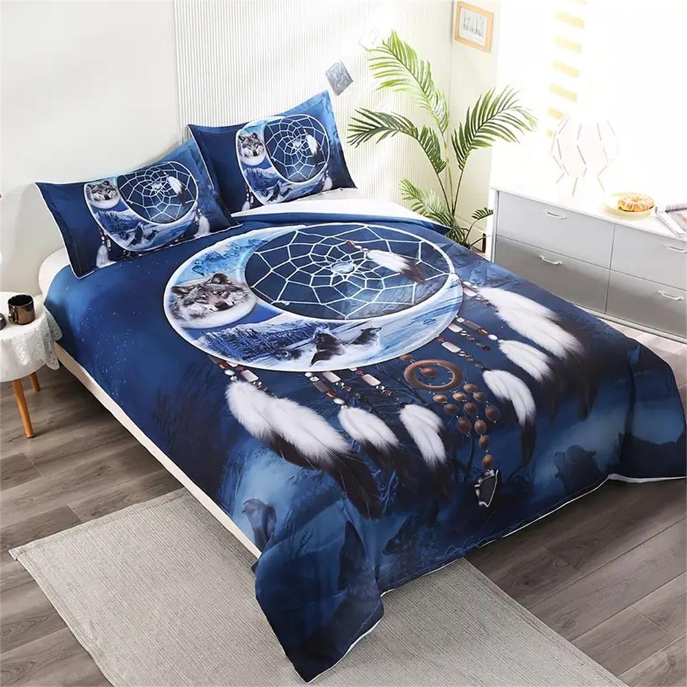 3pcs Moon Wolf Printed Bedding Set Dreamcatcher National Style Guest Room Duvet Cover Set