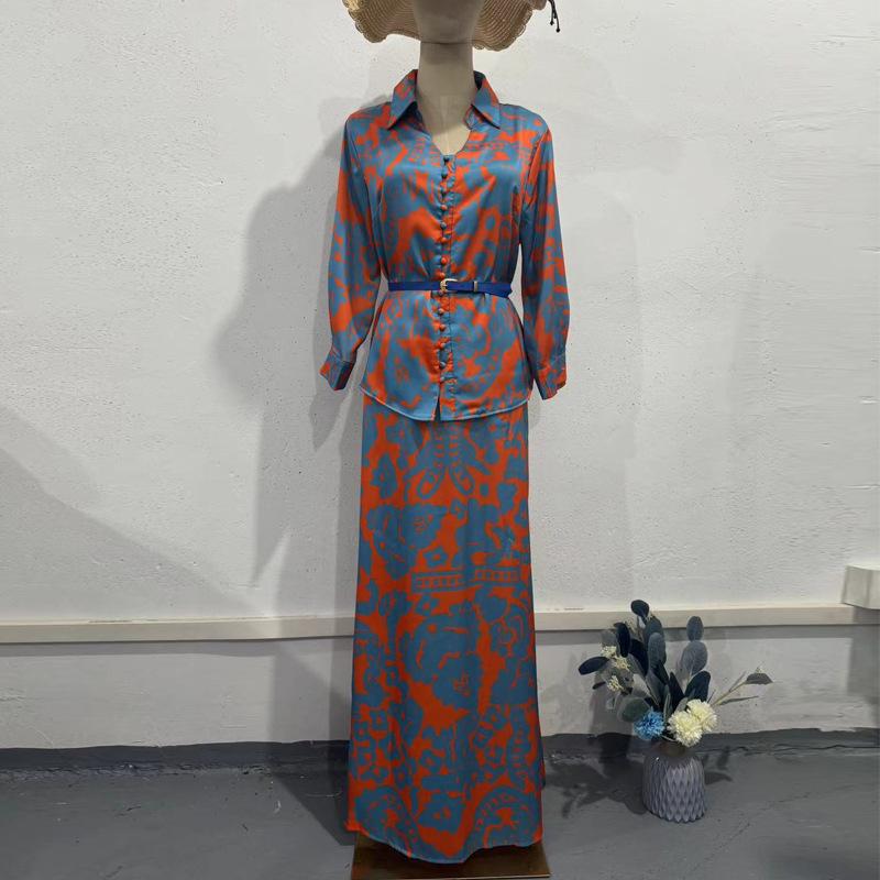 

Women s Retro Print Design Slimming Shirt & Midi Skirt Set Double XL