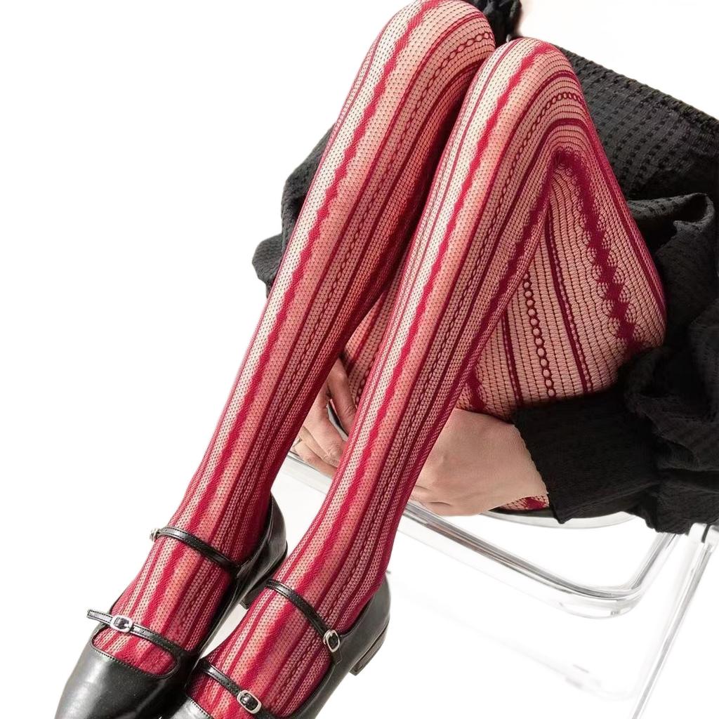 Vintage Striped Fishnet Stockings for Women, Thin and Slimming Pantyhose, Sexy Hollow-out Jacquard Fishnet Stockings for Autumn