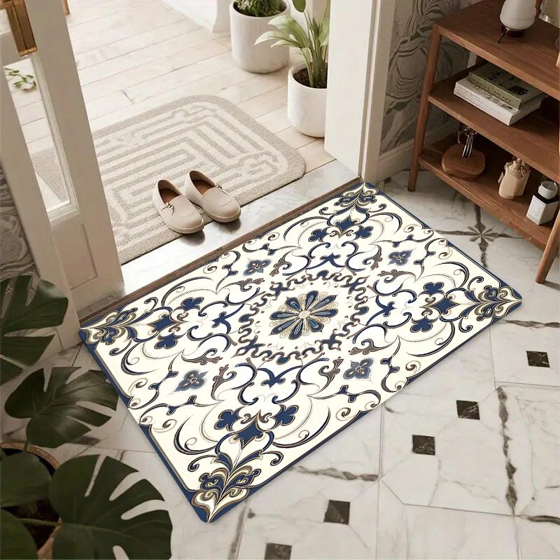 Blau-Weißes Blumen-Fußabtreter Rutschfester Eingangs-Teppich Vintage Mediterranes Muster Bodenmatte für Hauseingang Innen Außen